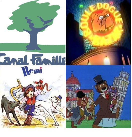 introduction d'orliane : composite de 4 images d'émissions pour enfants : canal famille, bouledogue bazar, rémi, le tour du monde en 80 jours